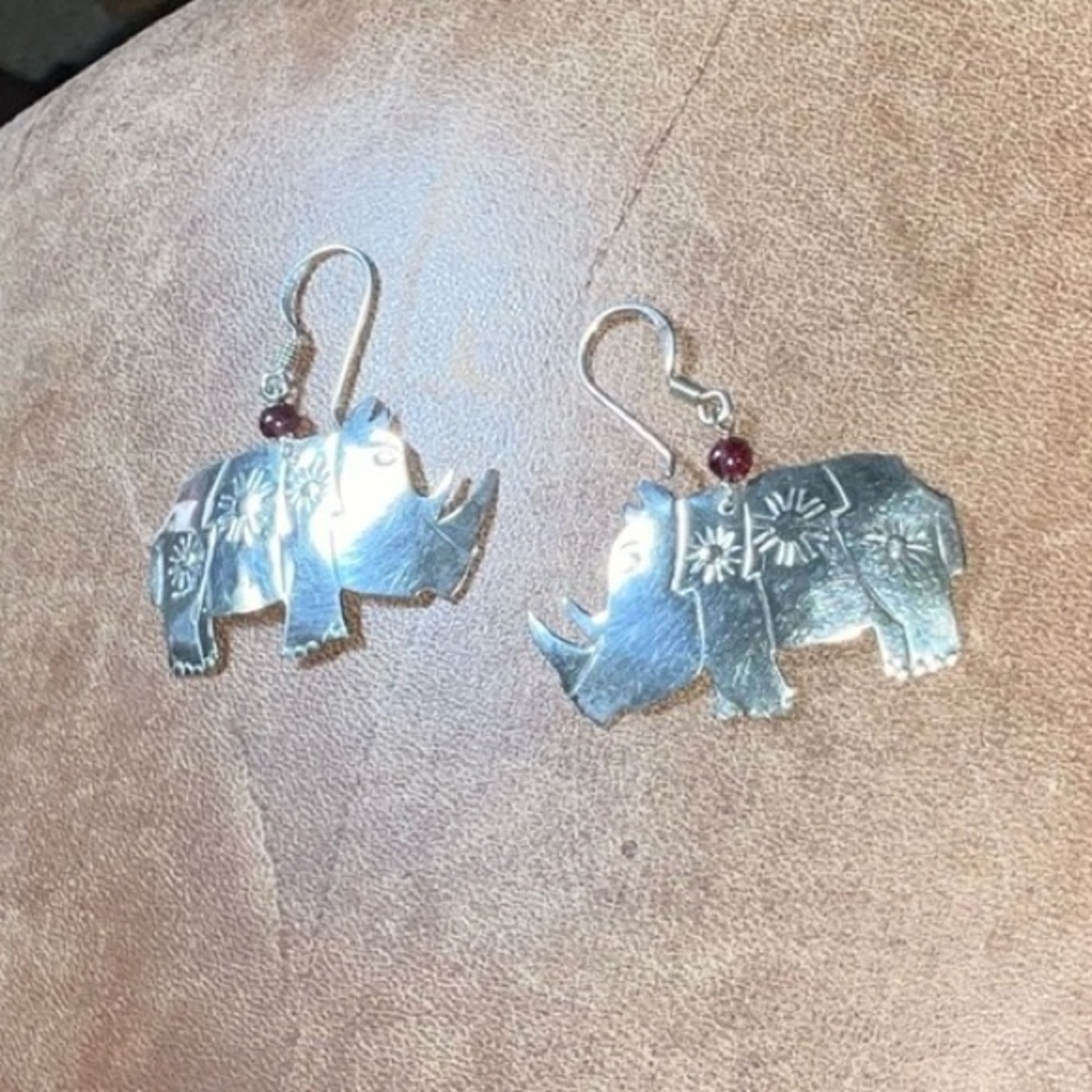 925 & Pinkish Red Bead Rhinoceros Themed Earrings Shepherd Hook Closure Vintage